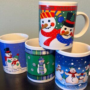 Lot of 4 SNOWMEN Winter Holidays Colorful Stoneware  Mugs ~ Let it Snow!